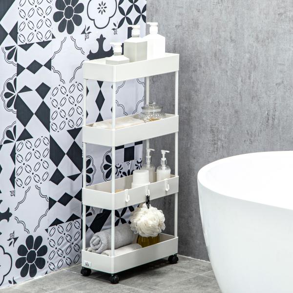 Carrinho Auxiliar com Rodas Carrinho de Armazenamento com 4 Cestas e 4 Ganchos Amovíveis 40x19x90 cm Branco