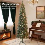 Árvore de Natal Slim 230 cm com Luzes LED 8 Modos de Iluminação 761 Ramos com Purpurina Prateada Pinhas e Bagas Verde