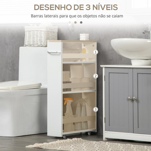 Estante de Armazenamento Casa de Banho de 3 Níveis Estante Estreita com Alça Lateral Estante com Rodas 48x15x80cm Branco