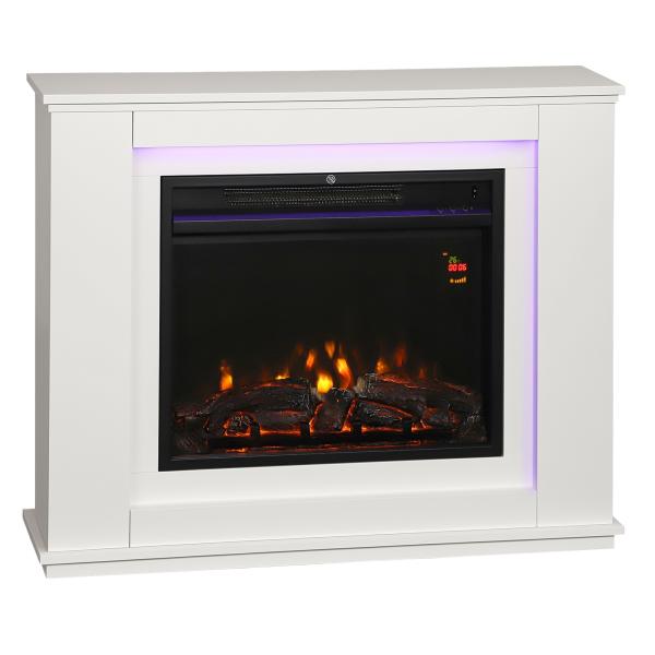 Lareira Elétrica com Efeito de Chama de 5 Níveis de Brilho e 12 Cores Decorativa 1000/2000W Temporizador para 30 m² 98x25x80 cm Branco