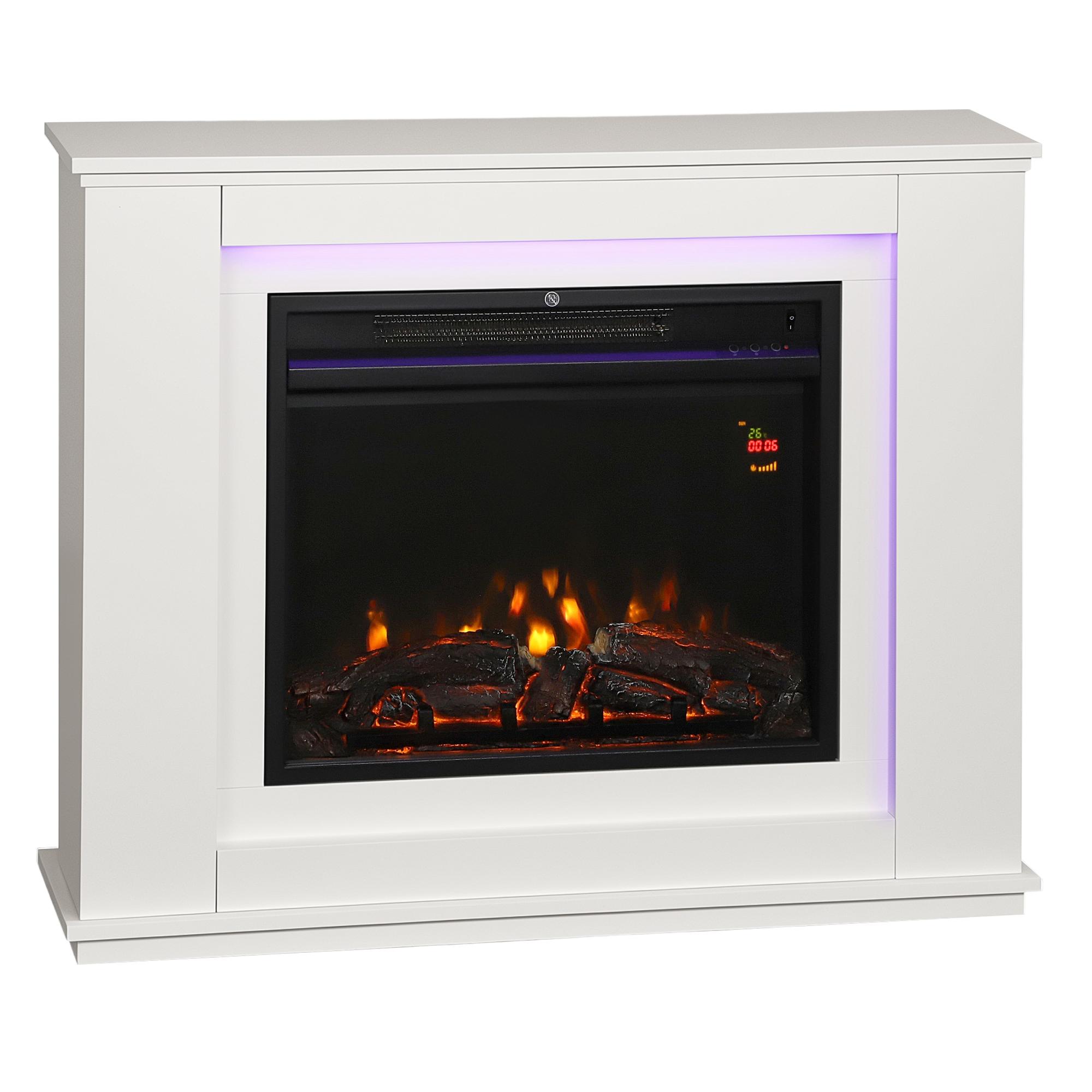 Lareira Elétrica com Efeito de Chama de 5 Níveis de Brilho e 12 Cores Decorativa 1000/2000W Temporizador para 30 m² 98x25x80 cm Branco