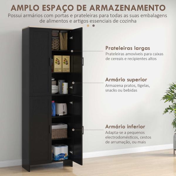 Armário de Cozinha com 4 Portas e Prateleiras Ajustáveis Anti - Tombo 60x30x170,5 cm Preto