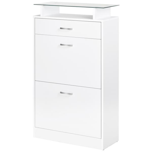 Móvel Sapateira de 2 Portas Sapateira Estreito para 12 Pares de Sapatos com Gaveta Prateleira Aberta e Bancada de Vidro para Corredor Entrada Carga Máx. 50kg 60x24x105,5cm Branco