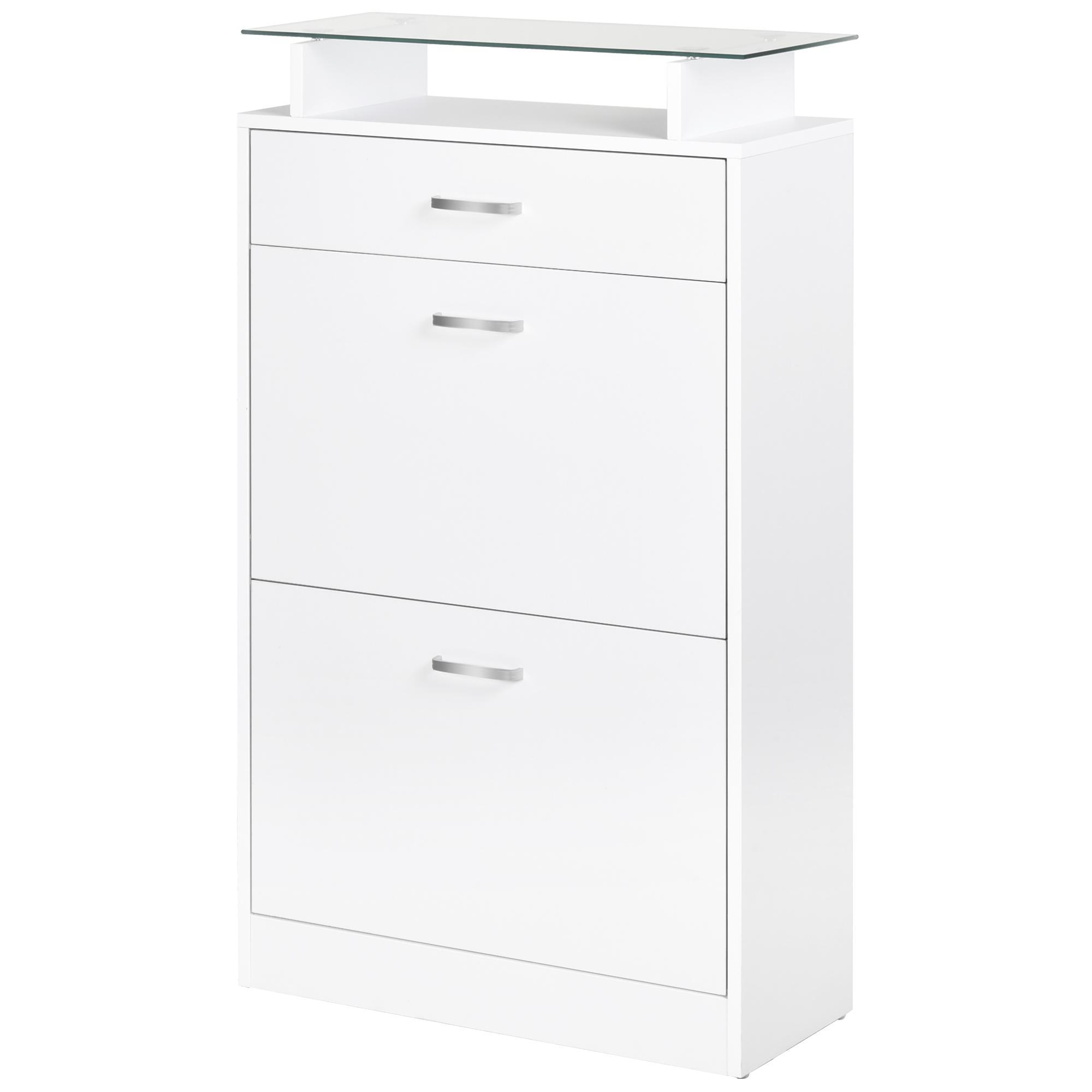 Móvel Sapateira de 2 Portas Sapateira Estreito para 12 Pares de Sapatos com Gaveta Prateleira Aberta e Bancada de Vidro para Corredor Entrada Carga Máx. 50kg 60x24x105,5cm Branco
