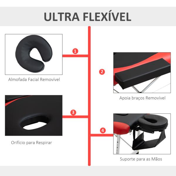 Marquesa de Massagem Dobrável e Portátil com Altura Ajustável Apoio para a Cabeça e Apoio para os Braços 215x60x61 - 84 cm Preto e Vermelho