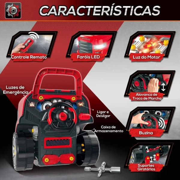 Motor de Caminhão para Crianças acima de 3 Anos Conjunto de Motor de Brinquedo com 61 Peças Volante Buzina Faróis Caixa de Armazenamento e Rodas 40x39x47cm Vermelho