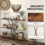 Mesa Consola de 3 Níveis Estilo Industrial com 2 Prateleiras Abertas e Estrutura Metálica em X Consola Estreita 110x30x91 cm Castanho Rústico