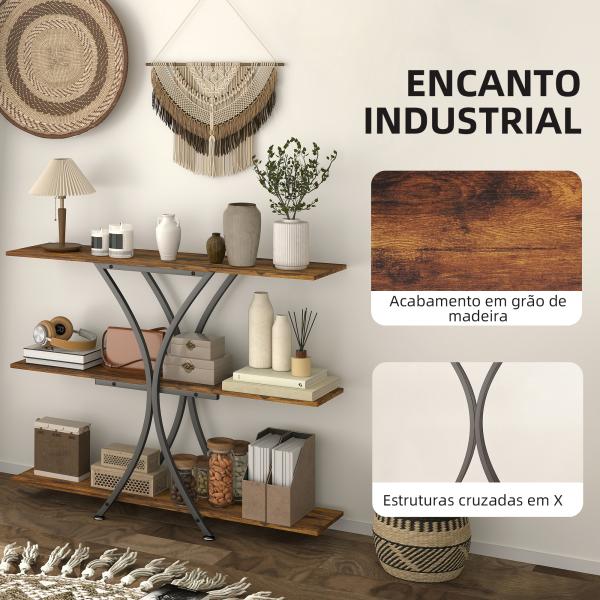 Mesa Consola de 3 Níveis Estilo Industrial com 2 Prateleiras Abertas e Estrutura Metálica em X Consola Estreita 110x30x91 cm Castanho Rústico