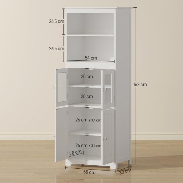 Armário de Cozinha com 2 Portas de Vidro Temperado 2 Prateleiras Abertas e Armário com Prateleira Ajustável 60x30x162 cm Branco