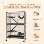 Gaiola para Roedores 80x52x128 cm Casa de 4 Alturas com Rampas Suspensa Rede Bandeja Removível Rodas Cinza Prateado