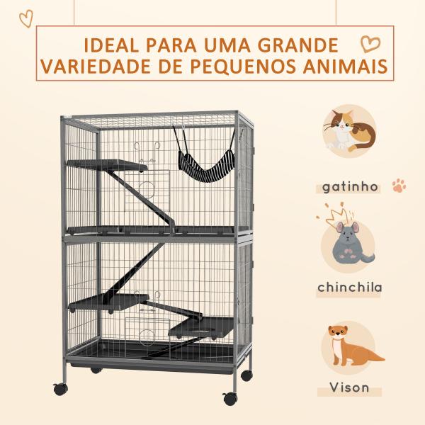Gaiola para Roedores 80x52x128 cm Casa de 4 Alturas com Rampas Suspensa Rede Bandeja Removível Rodas Cinza Prateado