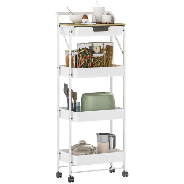Carrinho Auxiliar com Rodas de 4 Níveis Carrinho de Cozinha com 1 Gaveta e 3 Cestos Carrinho Organizador 45x29,5x117,5 cm Branco