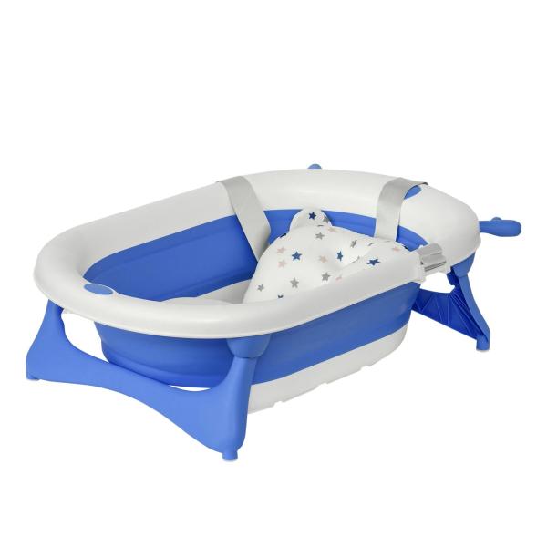 Banheira para Bebé Recém Nascido até 3 Anos Dobrável 30 Litros com Tampa Termossensível e Almofada Confortável Almofadas Antiderrapantes 81,5x50,5x23,5cm Azul e Branco