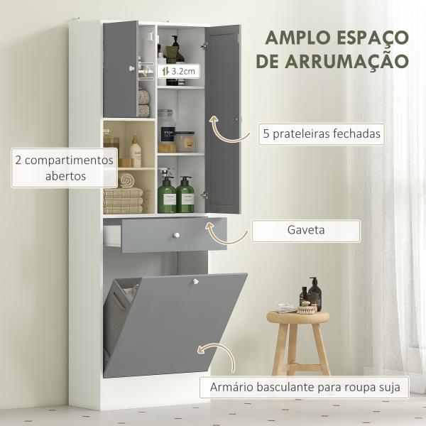Armário de Casa de Banho com Cesto para Roupa Suja Espelho Gaveta e Prateleiras Ajustáveis 62x28,3x181 cm Branco e Cinza