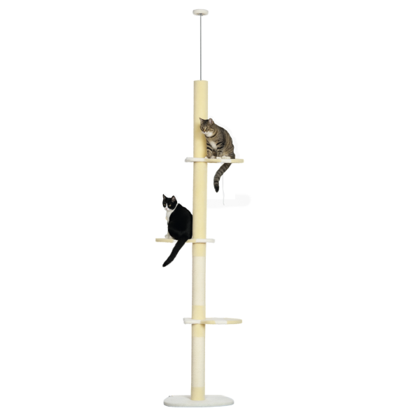 Árvore para Gatos do Chão ao Teto com Altura Ajustável 3 Plataformas Poste de Sisal e Bola para Brincar 47x34x220 - 260cm Creme