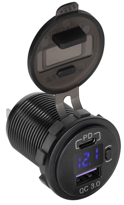 Tomada de Isqueiro de Painel c/ USB QC 3.0 + USB - C PD + Indicador de Tensão 48W - PEIYING