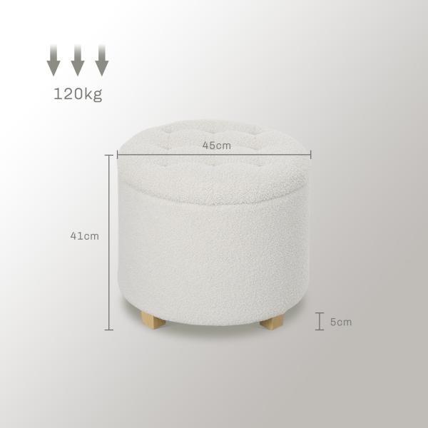 Puff de Armazenamento Banco de Armazenamento Redondo 40,5L 45x45x41 cm Estofado em Borreguito Banco Apoia - Pés Branco