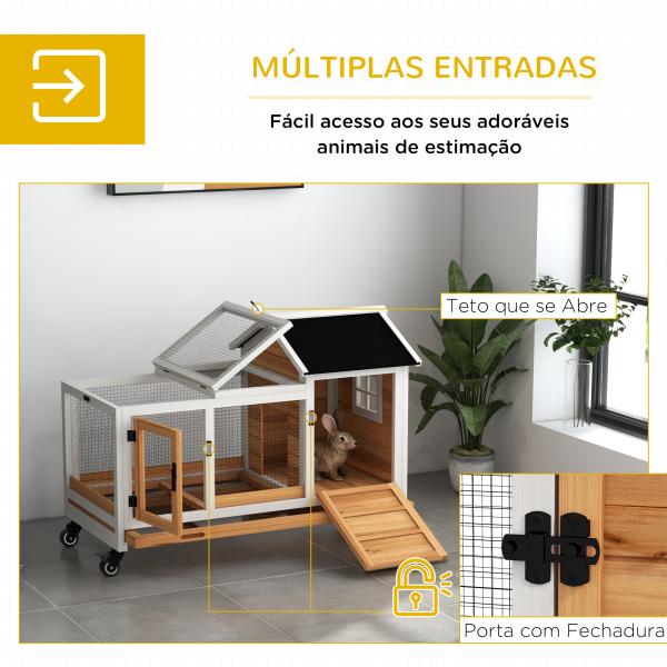 Coelheira de Madeira com Rodas para 1 - 2 Coelhos com Teto Abatível Bandeja Amovível 108x58x73,5 cm Madeira e Branco