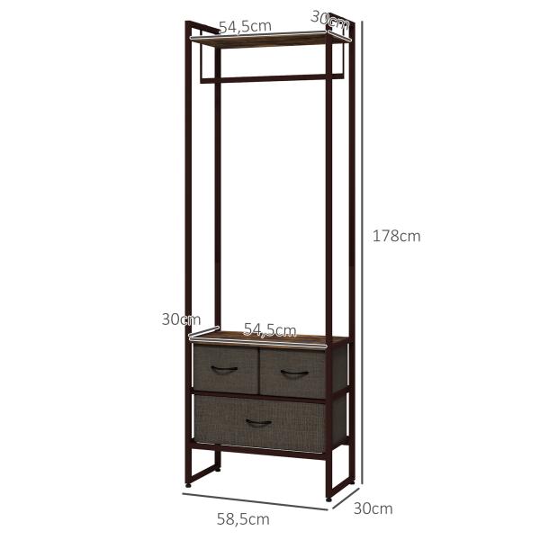 Suporte para Cabides com 3 Gavetas de Tecido Barra para Pendurar e Prateleira para Entrada Quarto 58,5x30x178 cm Castanho Rústico