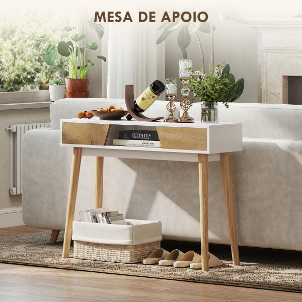 Mesa de Consola Estreita Consola de Entrada Moderna com 2 Gavetas Compartimento e Pés de Madeira 100x30x75 cm Branco