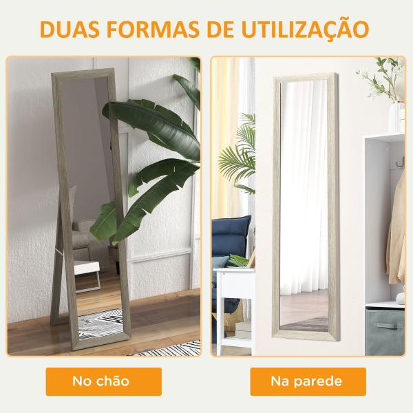 Espelho de Pé 37x155 cm Espelho de Corpo Inteiro Espelho de Parede Retangular com Estrutura de Madeira Cinza