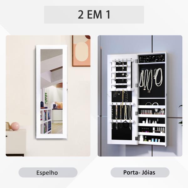 Espelho com Móvel de Bijuterias de Parede Espelho de Parede Organizador de Jóias com Ganchos e Ranhuras para Dormitórios 37x9,5x112cm Branco