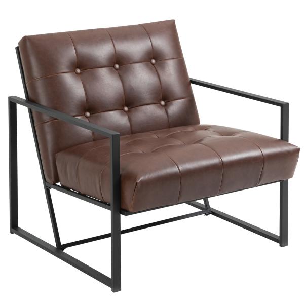 Cadeirão Chesterfield para Sala ou Escritório, Assento e Encosto Capitoné, Estrutura em Metal Preto, Pele Sintética Chocolate