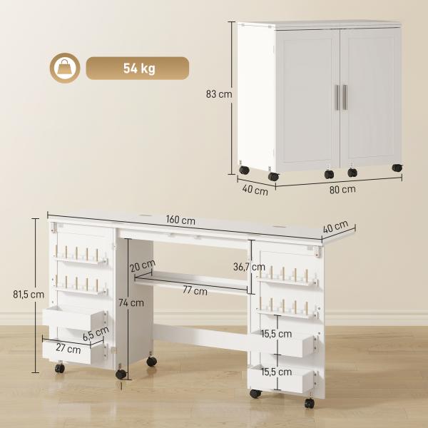 Mesa de Costura Dobrável com 6 Rodas Móvel para Máquina de Costura com 20 Pinos para Fios 4 Compartimentos 160x40x81,5 cm Branco