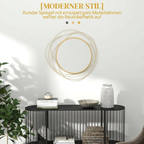 Espelho Decorativo de Parede Adorno de Parede Metálico Ø65 cm com Ganchos para Sala de Estar Quarto Corredor Dourado