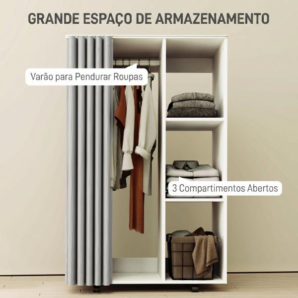 Roupeiro com Rodas, Cortina, Barra para Pendurar Roupa e 3 Prateleiras Abertas para Quarto, 80x40x128 cm, Branco