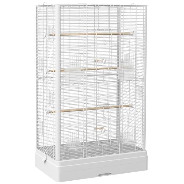 Gaiola para Pássaros 61x36,5x98 cm com Portas Poleiros Bandeja Removível e Alças para Canários Periquitos Branco