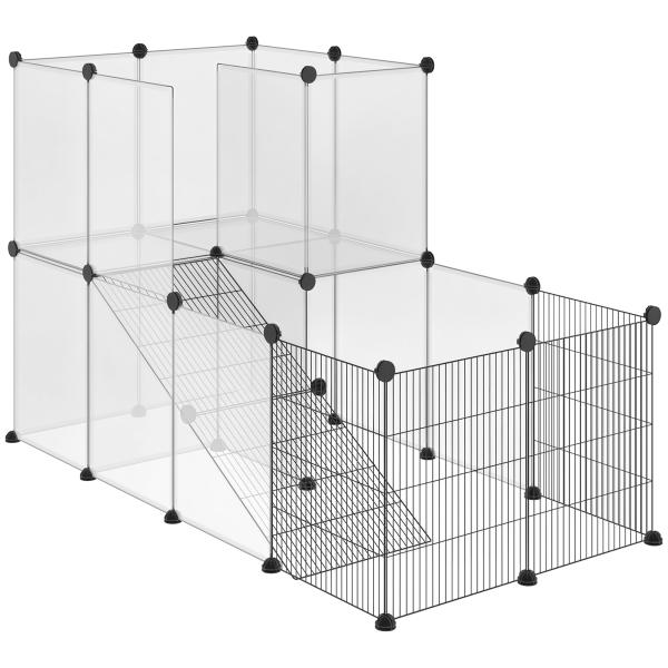 Recinto para Animais de Estimação Pequenos DIY com 21 Painéis de Resina e 6 Painéis de Arame 140x70x90cm Transparente e Preto