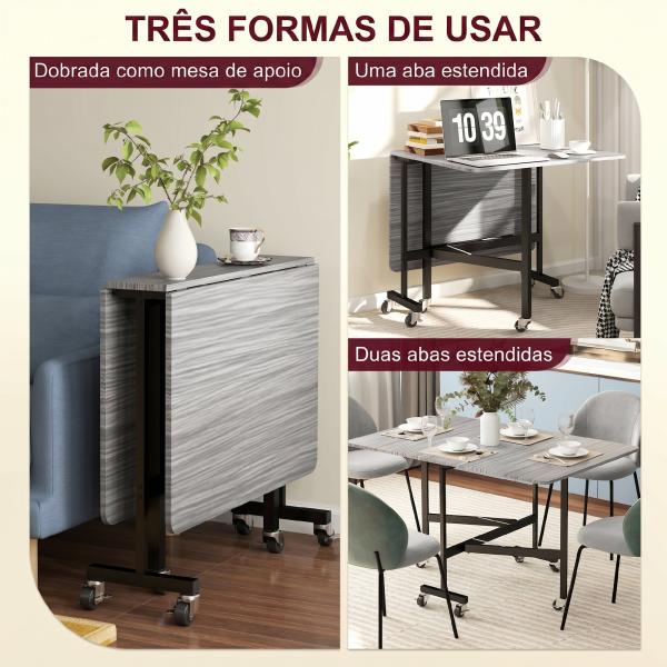 Mesa de Jantar Dobrável para 4 - 6 Pessoas com Rodas e Abas Rebatíveis para Cozinha 120x80x73 cm Cinzento