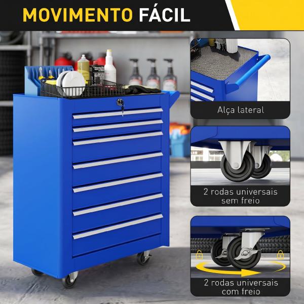 Carrinho de Ferramentas com 7 Gavetas Carrinho de Oficina com Fechadura Pega 2 Rodas com Travão 69x33x75 cm Azul