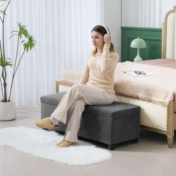 Banco de Arrumação Capacidade de 84 L Estofado em Veludo Banco Pé de Cama para Dormitório 112x42x40 cm Cinza