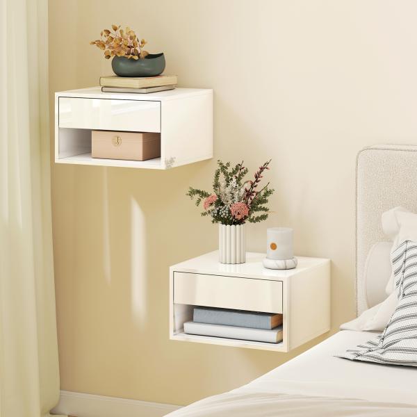 Conjunto de Mesas de Cabeceira Suspensas com Gaveta e Prateleira Aberta 37x32x21 cm Branco Brilhante