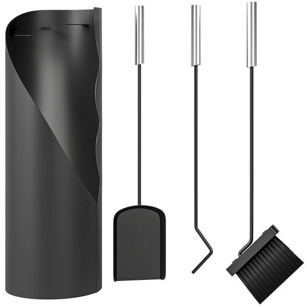 Conjunto de Acessórios para Lareira de 4 Peças de Metal com Vassoura Pá Atiçador e Balde 20x20x65 cm Prateado