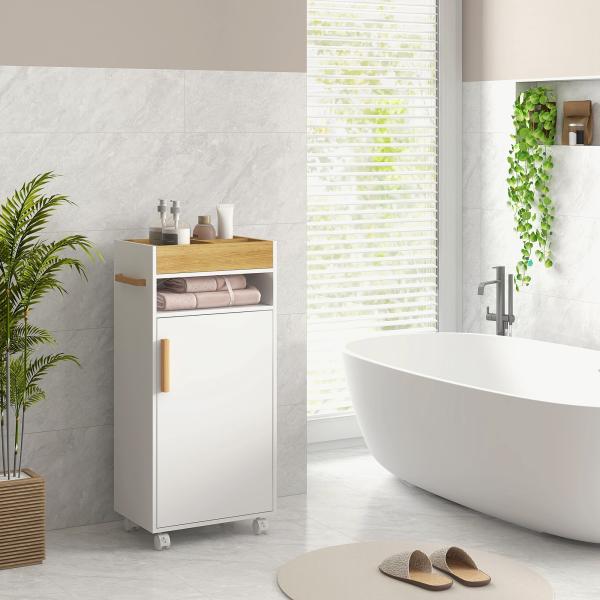 Armário Casa de Banho Moderno com Prateleiras Ajustáveis Armário Bandeja Amovível e Rodas 40x30x88 cm Branco e Carvalho