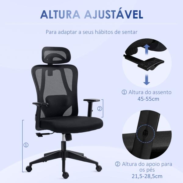 Cadeira de Escritório com Apoio para os Braços 2D Cadeira de Escritório com Altura Ajustável Apoio para a Cabeça Suporte Lombar Alto 67x64x117 - 127cm Preto