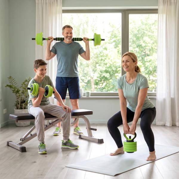 Conjunto de Halteres 20kg 4 em 1 Conjunto de Pesos com Kettlebell Barra de Pesos para Treino de Força em Casa Ginásio Verde