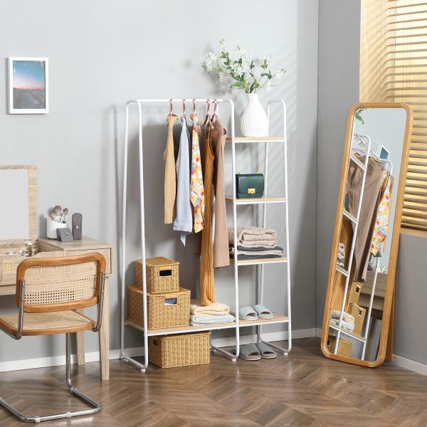 Suporte para Cabides com 4 Prateleiras de Armazenamento e Barra de Pendurar Estilo Industrial 101x39x160cm Madeira e Branco