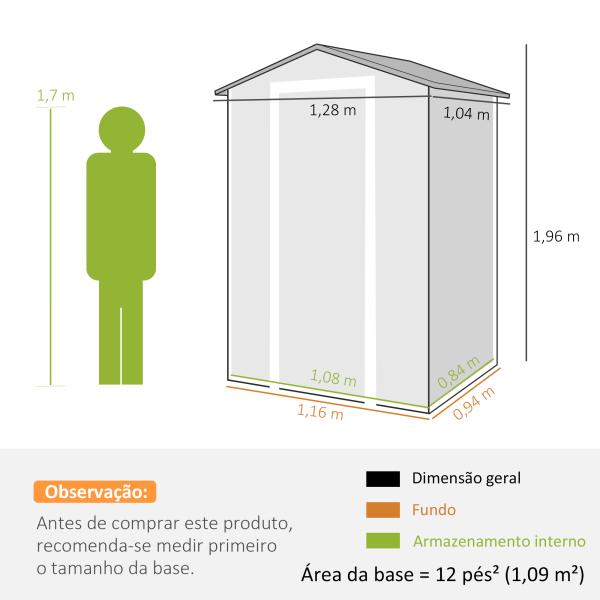 Abrigo de Jardim 1,09 m² 128x104x196 cm com Base Porta com Fechadura Janela e Ventilação, Cinzento Escuro