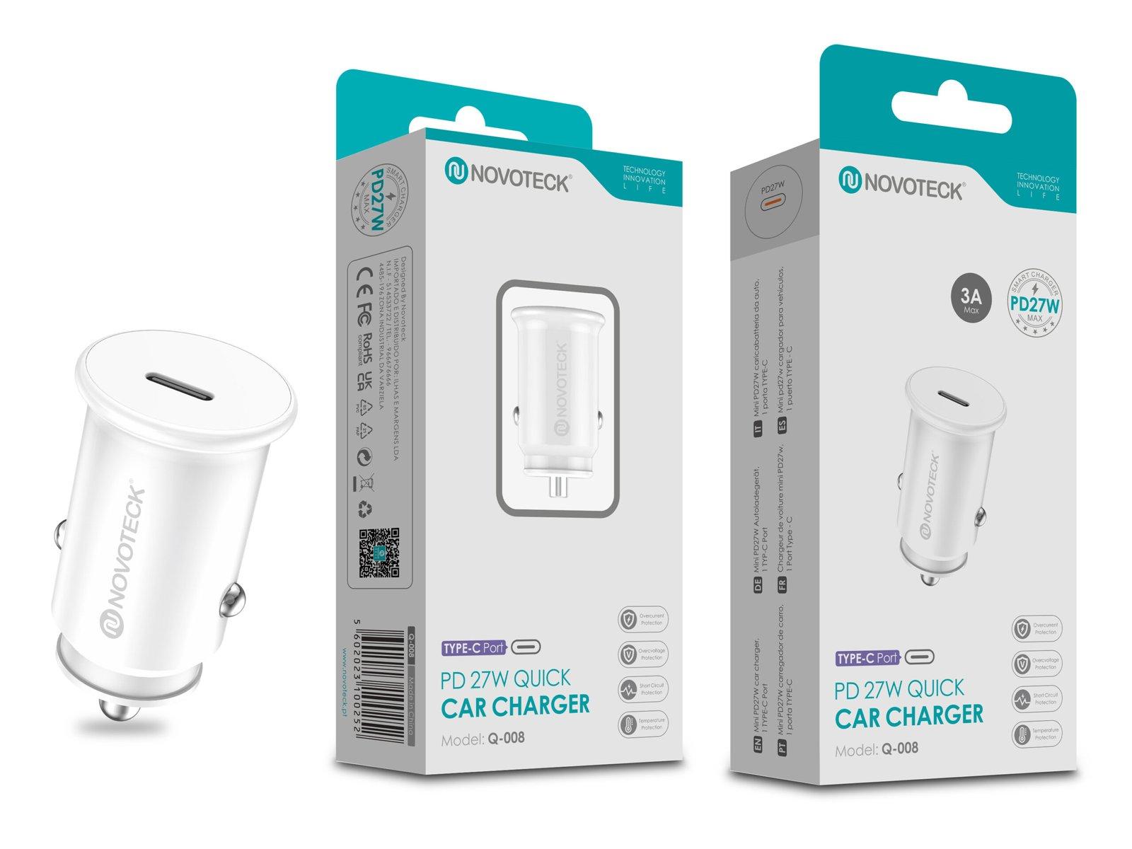 Carregador Rápido PD 27W para Carro NOVOTECK Q-008 - USB-C, 3A, Segurança Certificada Branco