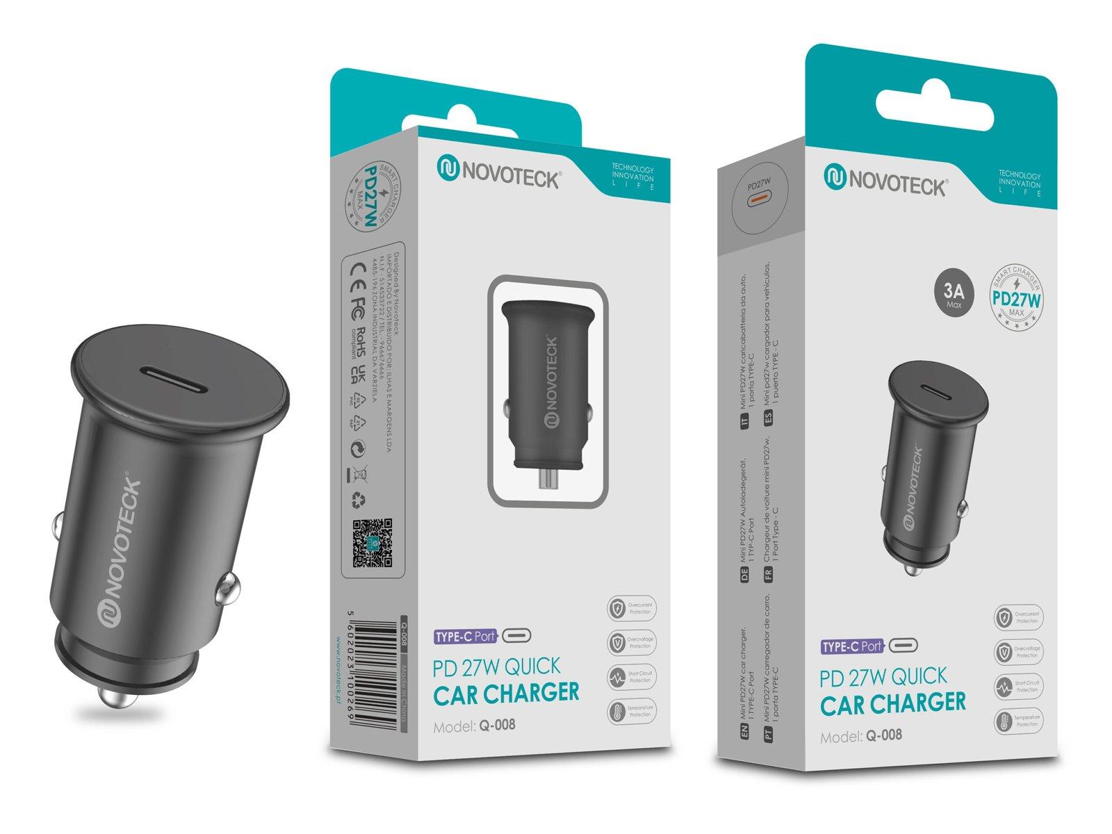 Carregador Rápido PD 27W para Carro NOVOTECK Q-008 - USB-C, 3A, Segurança Certificada Negro