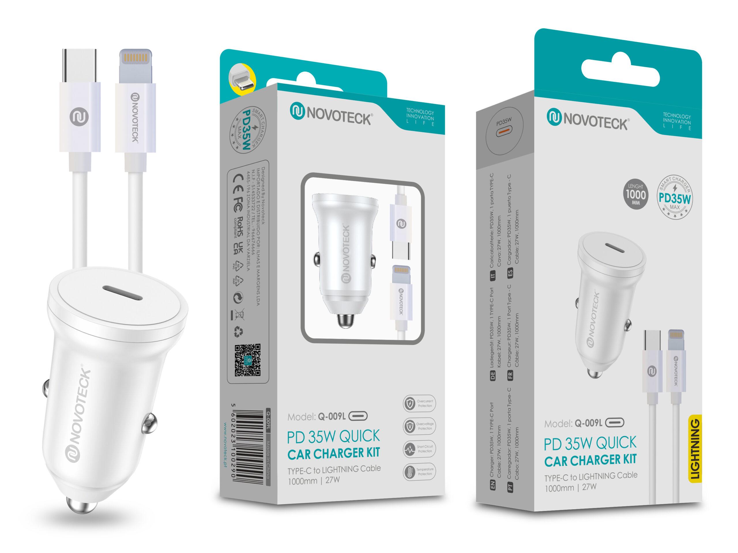 Kit Carregador Rápido para Carro NOVOTECK Q - 009L PD 35W - Inclui Cabo Usb - C to Lightning de 1m, Carregamento Eficiente e Seguro