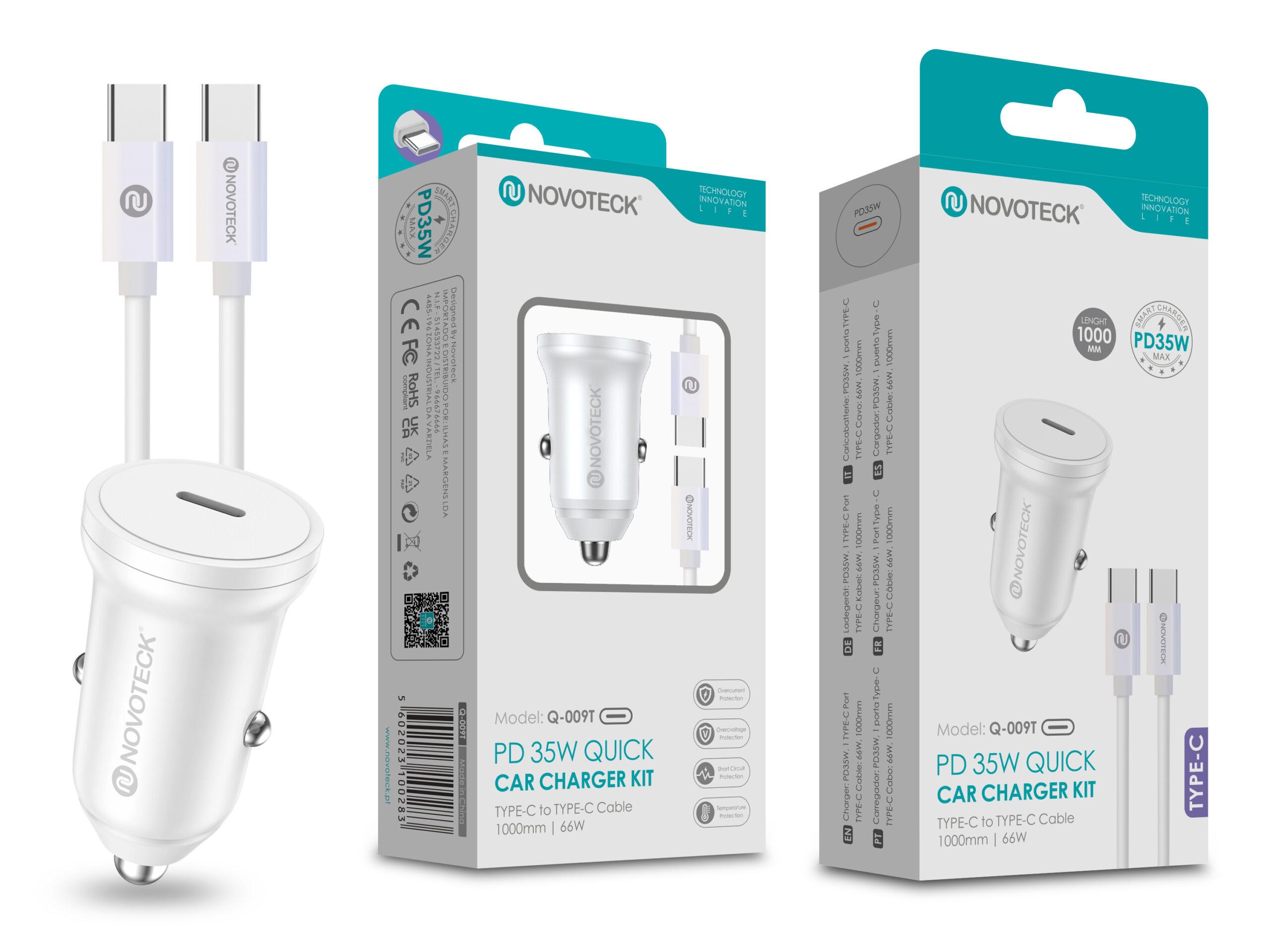 Kit Carregador Rápido para Carro NOVOTECK Q - 009T PD 35W - Inclui Cabo Usb - C to Type - C de 1m, Carregamento Eficiente e Seguro