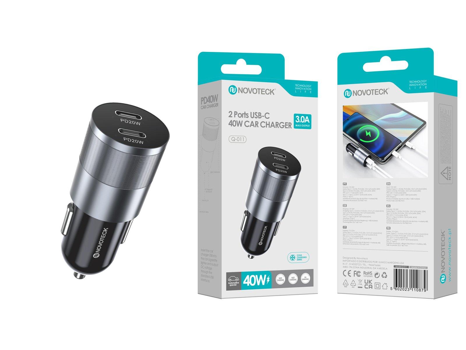Carregador de Carro NOVOTECK Q-011 - 40W Duplo USB-C com Power Delivery