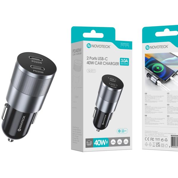 Carregador de Carro NOVOTECK Q-011 - 40W Duplo USB-C com Power Delivery