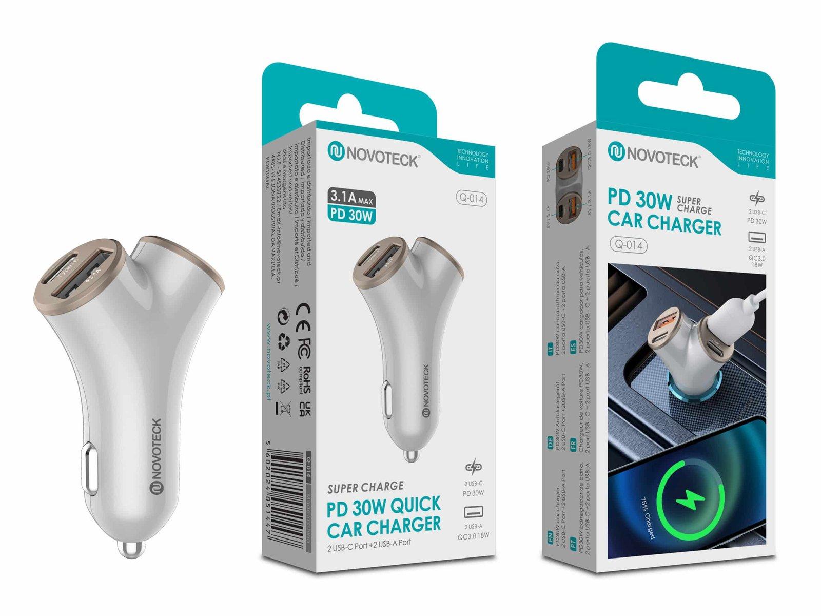 Carregador Rápido para Carro Q-014 – PD 30W com 2 USB-C + 2 USB-A