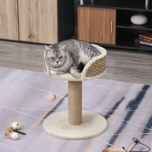 Arranhador para Gatos Pequeno 49 cm com Poste em Juta, Cama e Bola Pendente, 40x40x49 cm, Bege